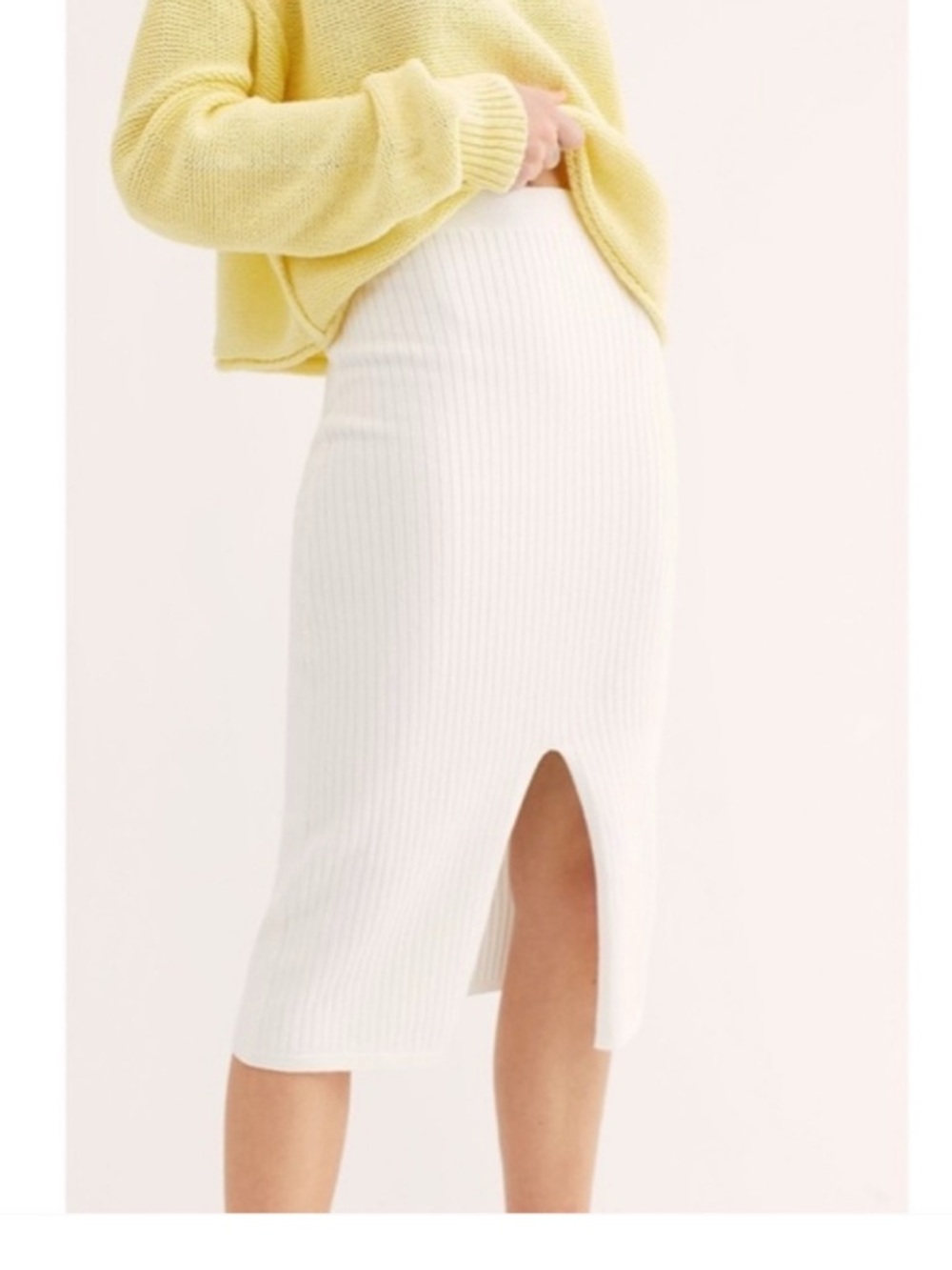 Free People Cream Ribbed Pencil Skirt with Front Slit